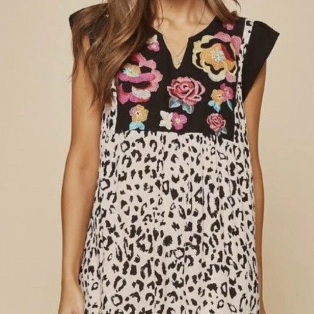 Savanna Jane Floral Animal Print Boho Embroidered Dress